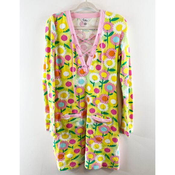 Lilly Pulitzer Vintage Terry Cloth Long Sleeve Floral Mini Cover Up Dress Yellow - Picture 2 of 10